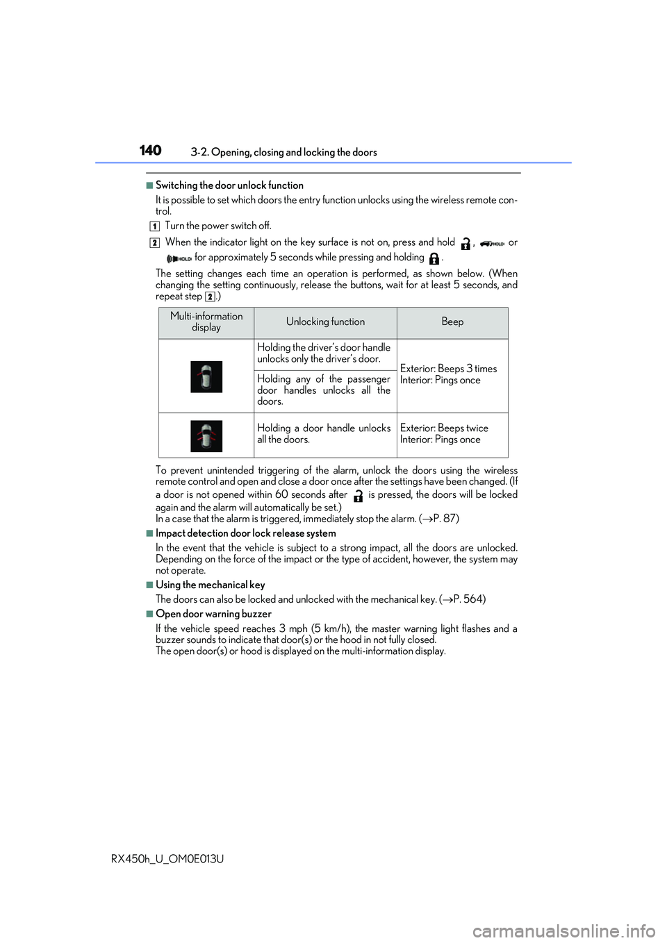 LEXUS RX450H 2016  Owners Manual 1403-2. Opening, closing and locking the doors
RX450h_U_OM0E013U
■Switching the door unlock function
It is possible to set which  doors the entry function unlock s using the wireless remote con-
tro