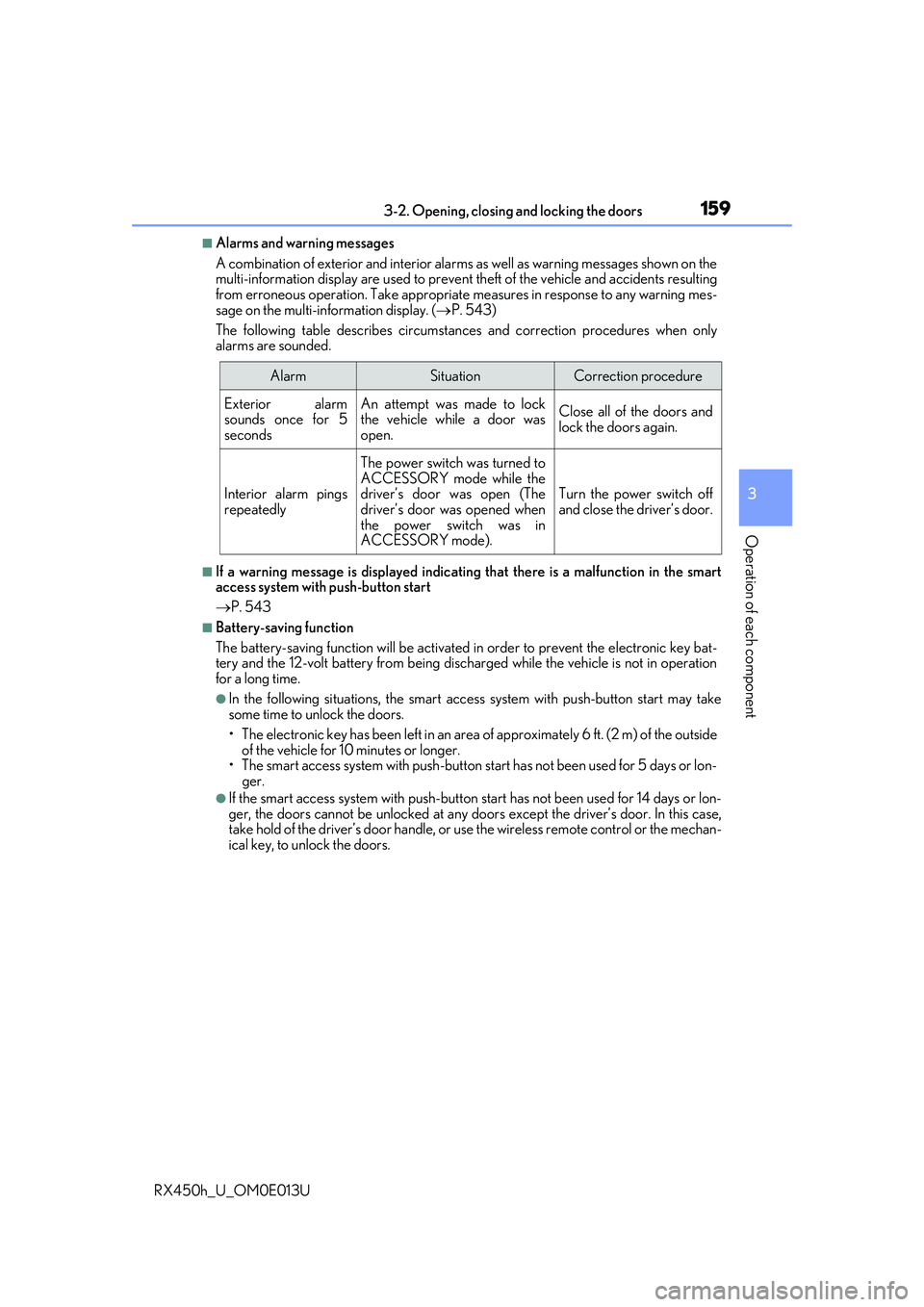 LEXUS RX450H 2016 Owners Manual 1593-2. Opening, closing and locking the doors
3
Operation of each component
RX450h_U_OM0E013U
■Alarms and warning messages
A combination of exterior and interior alar ms as well as warning messages LEXUS RX450H 2016 Owners Manual 1593-2. Opening, closing and locking the doors
3
Operation of each component
RX450h_U_OM0E013U
■Alarms and warning messages
A combination of exterior and interior alar ms as well as warning messages