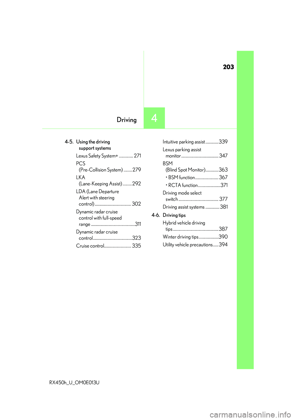 LEXUS RX450H 2016  Owners Manual 203
4Driving
RX450h_U_OM0E013U
4-5.  Using the driving support systems
Lexus Safety System+ ............... 271
PCS  (Pre-Collision System) ......... 279
LKA  (Lane-Keeping Assist) ..........292
LDA (