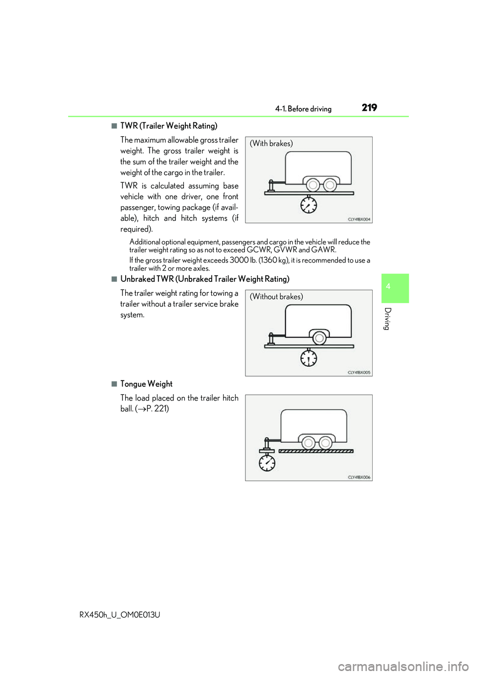 LEXUS RX450H 2016 Owners Manual 2194-1. Before driving
4
Driving
RX450h_U_OM0E013U
■TWR (Trailer Weight Rating)
The maximum allowable gross trailer
weight. The gross trailer weight is
the sum of the trailer weight and the
weight o LEXUS RX450H 2016 Owners Manual 2194-1. Before driving
4
Driving
RX450h_U_OM0E013U
■TWR (Trailer Weight Rating)
The maximum allowable gross trailer
weight. The gross trailer weight is
the sum of the trailer weight and the
weight o