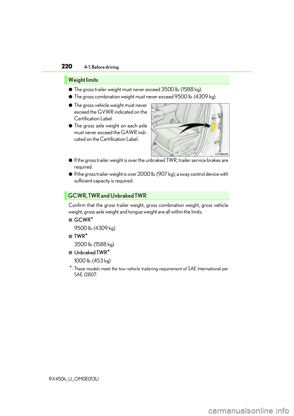LEXUS RX450H 2016 Owners Manual 2204-1. Before driving
RX450h_U_OM0E013U
●The gross trailer weight must ne ver exceed 3500 lb. (1588 kg).
●The gross combination weight must never exceed 9500 lb. (4309 kg).
●The gross vehicle LEXUS RX450H 2016 Owners Manual 2204-1. Before driving
RX450h_U_OM0E013U
●The gross trailer weight must ne ver exceed 3500 lb. (1588 kg).
●The gross combination weight must never exceed 9500 lb. (4309 kg).
●The gross vehicle
