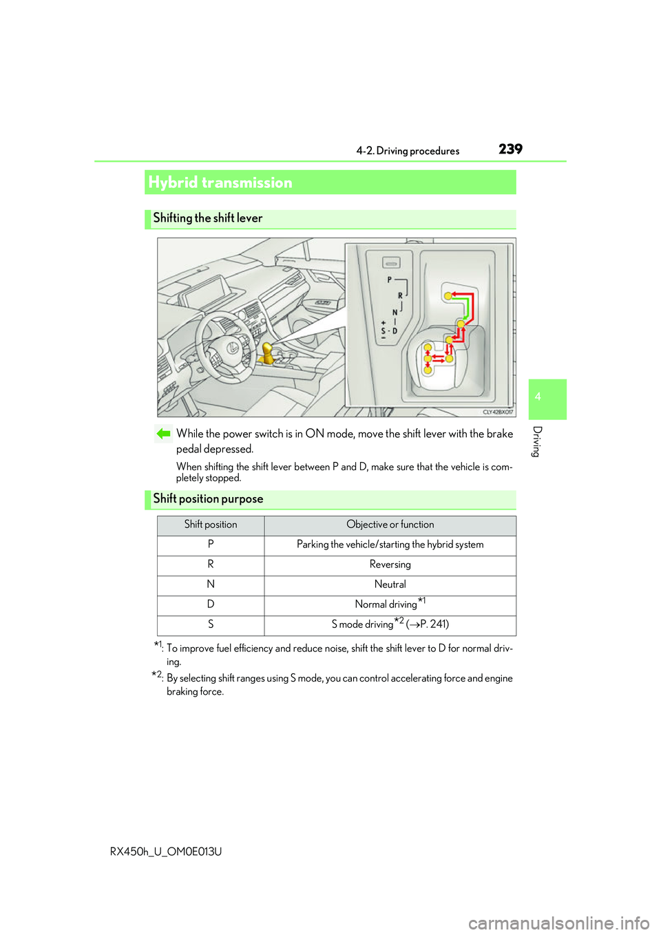 LEXUS RX450H 2016  Owners Manual 2394-2. Driving procedures
4
Driving
RX450h_U_OM0E013U
While the power switch is in ON mode, move the shift lever with the brake
pedal depressed.
When shifting the shift lever between P and D, make su