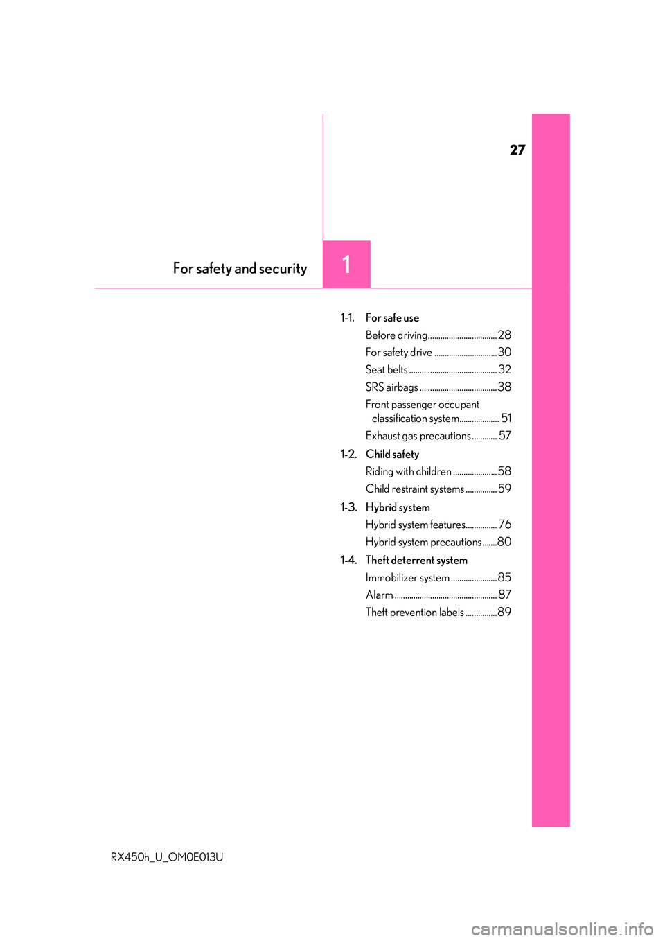 LEXUS RX450H 2016 Owners Manual 27
For safety and security1
RX450h_U_OM0E013U
1-1. For safe useBefore driving................................. 28
For safety drive .............................. 30
Seat belts ....................... LEXUS RX450H 2016 Owners Manual 27
For safety and security1
RX450h_U_OM0E013U
1-1. For safe useBefore driving................................. 28
For safety drive .............................. 30
Seat belts .......................