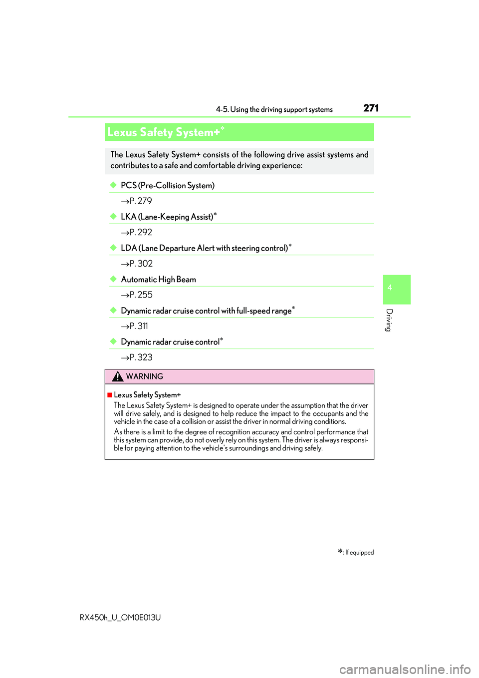 LEXUS RX450H 2016 Owners Manual 271
4
Driving
RX450h_U_OM0E013U4-5. Using the driving support systems
◆PCS (Pre-Collision System)
P. 279
◆LKA (Lane-Keeping Assist)
P. 292
◆LDA (Lane Departure Alert with steering cont LEXUS RX450H 2016 Owners Manual 271
4
Driving
RX450h_U_OM0E013U4-5. Using the driving support systems
◆PCS (Pre-Collision System)
P. 279
◆LKA (Lane-Keeping Assist)
P. 292
◆LDA (Lane Departure Alert with steering cont