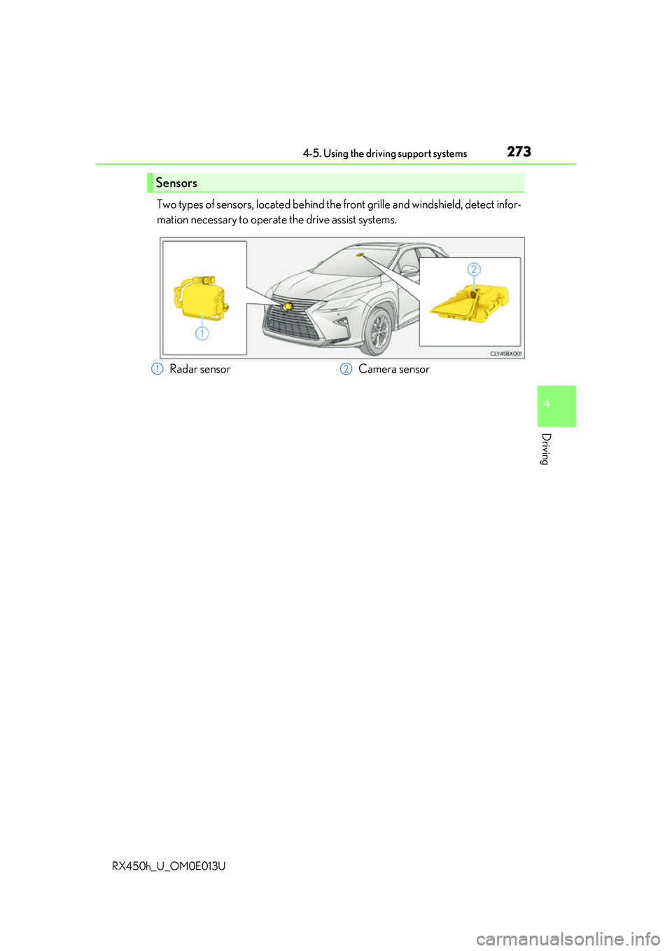 LEXUS RX450H 2016 Owners Manual 2734-5. Using the driving support systems
4
Driving
RX450h_U_OM0E013U
Two types of sensors, located behind the front grille and windshield, detect infor-
mation necessary to operate the drive assist s LEXUS RX450H 2016 Owners Manual 2734-5. Using the driving support systems
4
Driving
RX450h_U_OM0E013U
Two types of sensors, located behind the front grille and windshield, detect infor-
mation necessary to operate the drive assist s