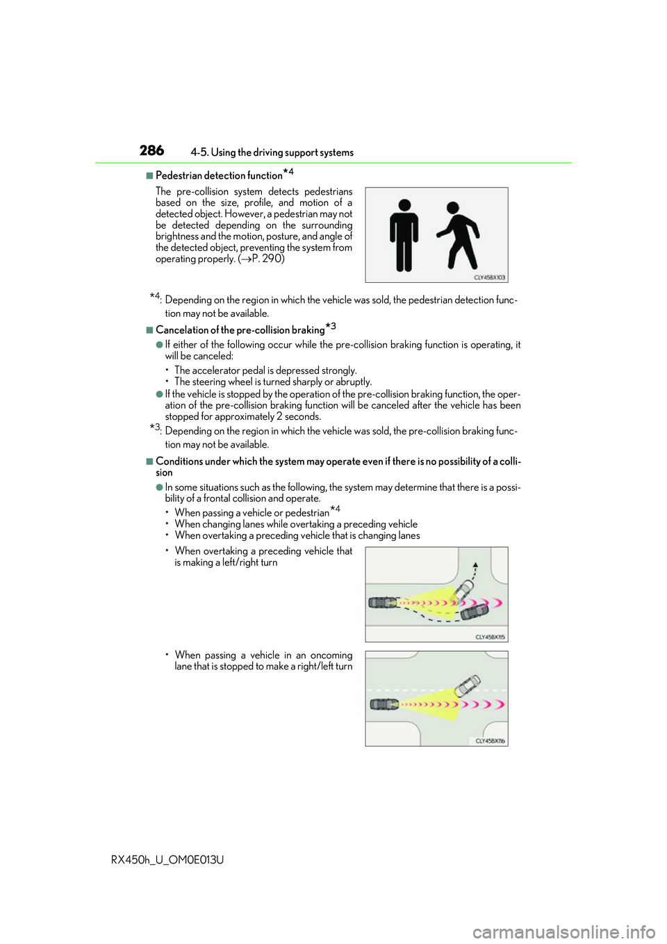 LEXUS RX450H 2016 Owners Manual 2864-5. Using the driving support systems
RX450h_U_OM0E013U
■Pedestrian detection function*4
*4: Depending on the region in which the vehi cle was sold, the pedestrian detection func-
tion may not b LEXUS RX450H 2016 Owners Manual 2864-5. Using the driving support systems
RX450h_U_OM0E013U
■Pedestrian detection function*4
*4: Depending on the region in which the vehi cle was sold, the pedestrian detection func-
tion may not b