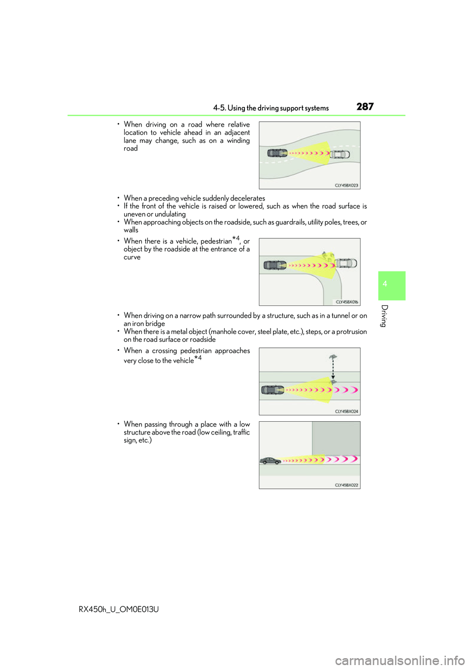 LEXUS RX450H 2016 Owners Manual 2874-5. Using the driving support systems
4
Driving
RX450h_U_OM0E013U• When a preceding vehicle suddenly decelerates
• If the front of the vehicle is raised or lowered, such as when the road surfa LEXUS RX450H 2016 Owners Manual 2874-5. Using the driving support systems
4
Driving
RX450h_U_OM0E013U• When a preceding vehicle suddenly decelerates
• If the front of the vehicle is raised or lowered, such as when the road surfa