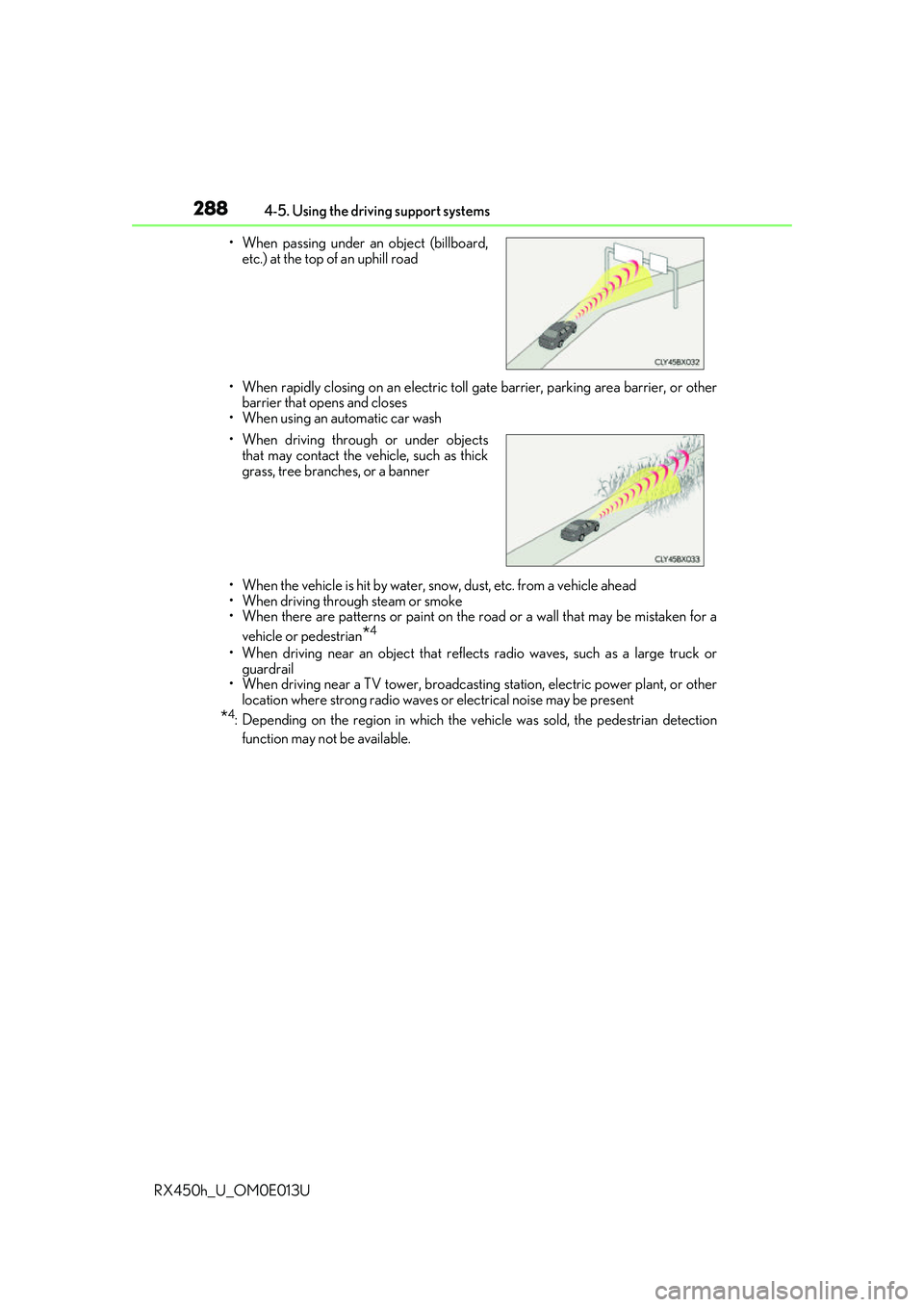 LEXUS RX450H 2016 Owners Manual 2884-5. Using the driving support systems
RX450h_U_OM0E013U • When rapidly closing on an electric toll ga
te barrier, parking area barrier, or other
barrier that opens and closes
• When using an a LEXUS RX450H 2016 Owners Manual 2884-5. Using the driving support systems
RX450h_U_OM0E013U • When rapidly closing on an electric toll ga
te barrier, parking area barrier, or other
barrier that opens and closes
• When using an a