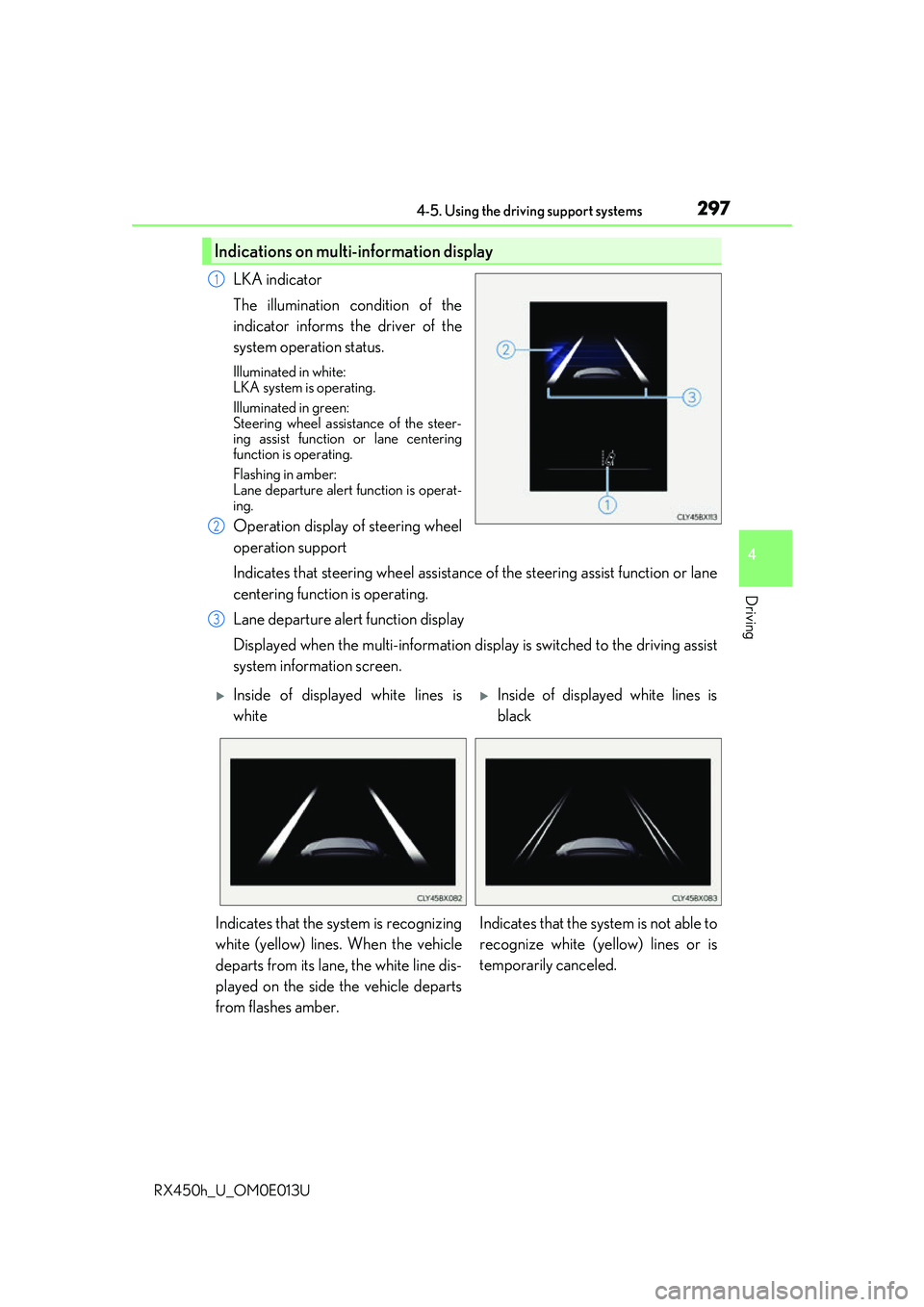 LEXUS RX450H 2016 Owners Manual 2974-5. Using the driving support systems
4
Driving
RX450h_U_OM0E013U
LKA indicator
The illumination condition of the
indicator informs the driver of the
system operation status.
Illuminated in white: LEXUS RX450H 2016 Owners Manual 2974-5. Using the driving support systems
4
Driving
RX450h_U_OM0E013U
LKA indicator
The illumination condition of the
indicator informs the driver of the
system operation status.
Illuminated in white: