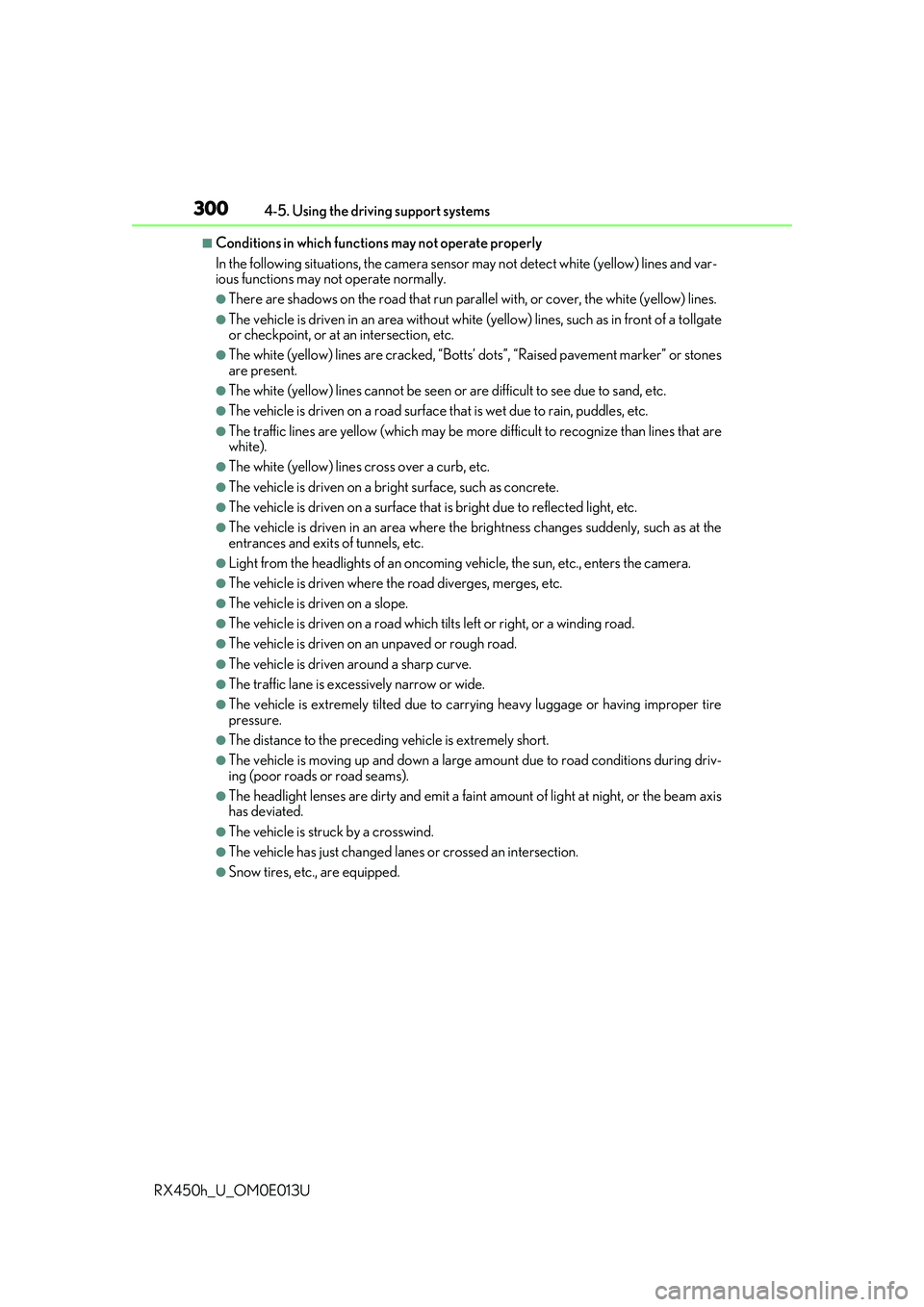 LEXUS RX450H 2016  Owners Manual 3004-5. Using the driving support systems
RX450h_U_OM0E013U
■Conditions in which functions may not operate properly
In the following situations, the camera sensor  may not detect white (yellow) line