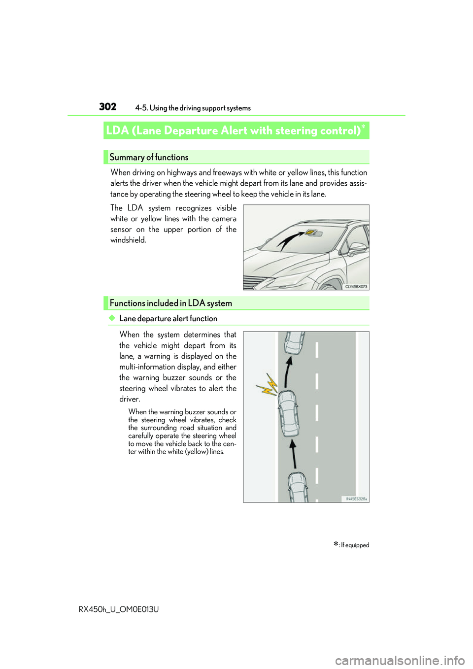 LEXUS RX450H 2016 Owners Guide 3024-5. Using the driving support systems
RX450h_U_OM0E013U
When driving on highways and freeways  with white or yellow lines, this function
alerts the driver when the vehicle might depart from its la