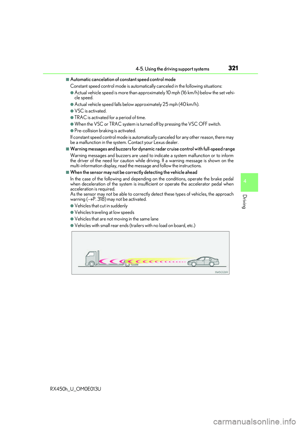 LEXUS RX450H 2016 Owners Guide 3214-5. Using the driving support systems
4
Driving
RX450h_U_OM0E013U
■Automatic cancelation of constant speed control mode
Constant speed control mode is automatica lly canceled in the following si