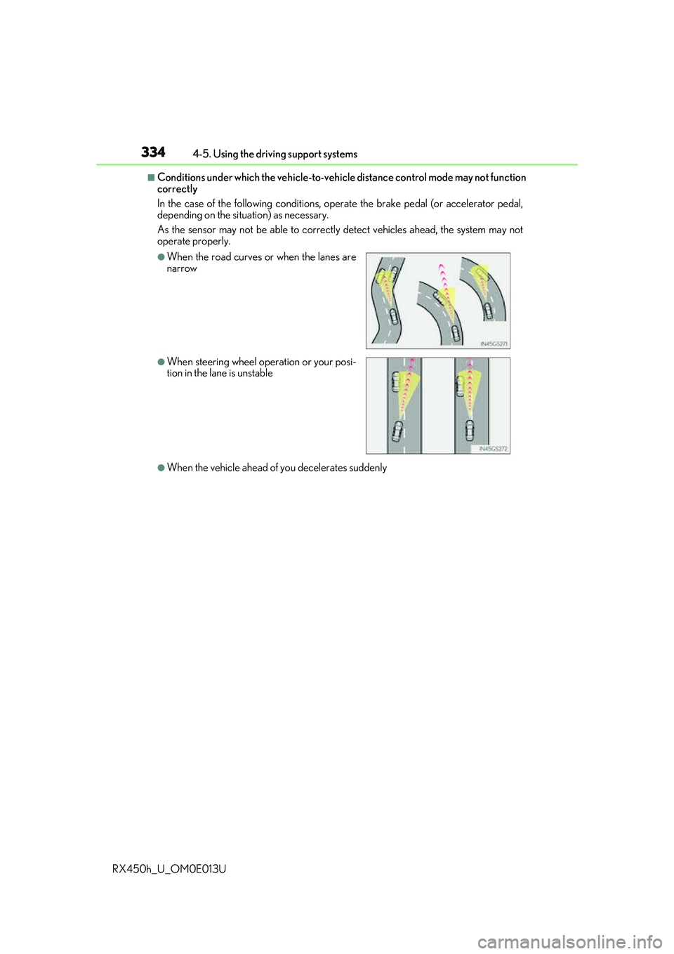 LEXUS RX450H 2016 Service Manual 3344-5. Using the driving support systems
RX450h_U_OM0E013U
■Conditions under which the ve hicle-to-vehicle distance control mode may not function
correctly
In the case of the following conditions, 