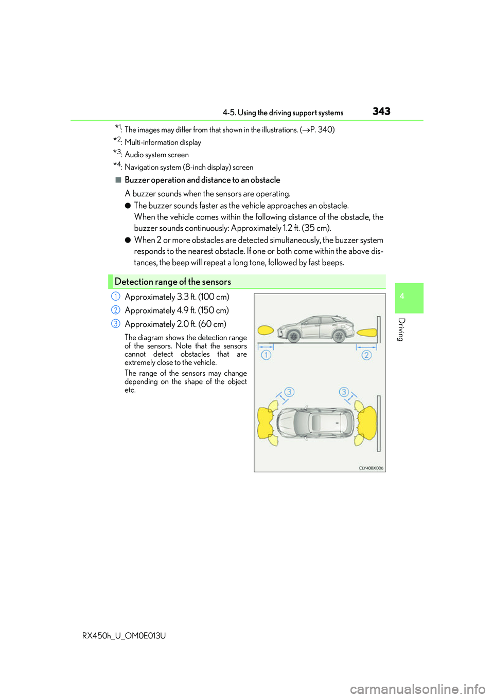 LEXUS RX450H 2016 Workshop Manual 3434-5. Using the driving support systems
4
Driving
RX450h_U_OM0E013U
*1: The images may differ from that shown in the illustrations. (P. 340)
*2: Multi-information display
*3: Audio system screen
LEXUS RX450H 2016 Workshop Manual 3434-5. Using the driving support systems
4
Driving
RX450h_U_OM0E013U
*1: The images may differ from that shown in the illustrations. (P. 340)
*2: Multi-information display
*3: Audio system screen