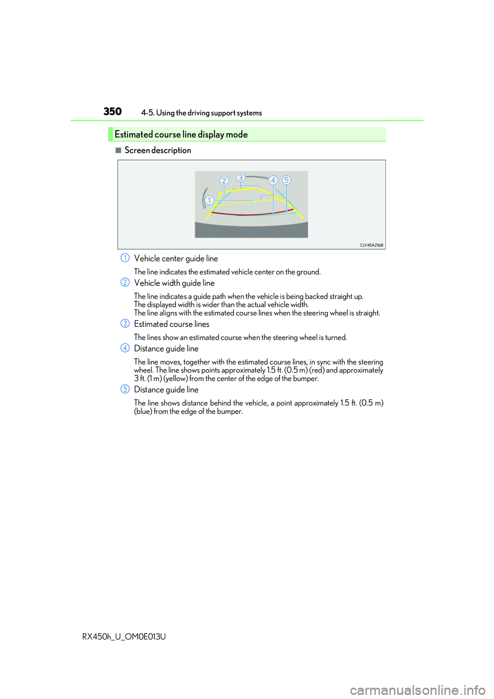 LEXUS RX450H 2016 Owners Manual 3504-5. Using the driving support systems
RX450h_U_OM0E013U
■Screen description Vehicle center guide line
The line indicates the estimated vehicle center on the ground.
Vehicle width guide line
The LEXUS RX450H 2016 Owners Manual 3504-5. Using the driving support systems
RX450h_U_OM0E013U
■Screen description Vehicle center guide line
The line indicates the estimated vehicle center on the ground.
Vehicle width guide line
The