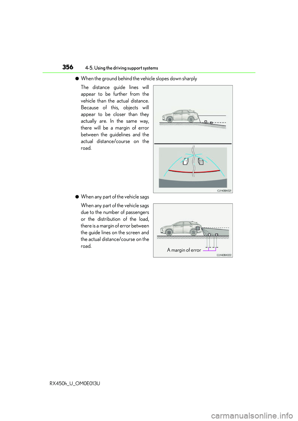 LEXUS RX450H 2016 Owners Manual 3564-5. Using the driving support systems
RX450h_U_OM0E013U
●When the ground behind the vehicle slopes down sharply
The distance guide lines will
appear to be further from the
vehicle than the actua LEXUS RX450H 2016 Owners Manual 3564-5. Using the driving support systems
RX450h_U_OM0E013U
●When the ground behind the vehicle slopes down sharply
The distance guide lines will
appear to be further from the
vehicle than the actua