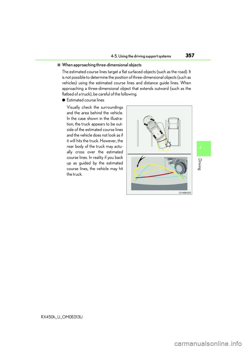 LEXUS RX450H 2016 Owners Manual 3574-5. Using the driving support systems
4
Driving
RX450h_U_OM0E013U
■When approaching three-dimensional objects
The estimated course lines target a flat surfaced objects (such as the road). It
is LEXUS RX450H 2016 Owners Manual 3574-5. Using the driving support systems
4
Driving
RX450h_U_OM0E013U
■When approaching three-dimensional objects
The estimated course lines target a flat surfaced objects (such as the road). It
is
