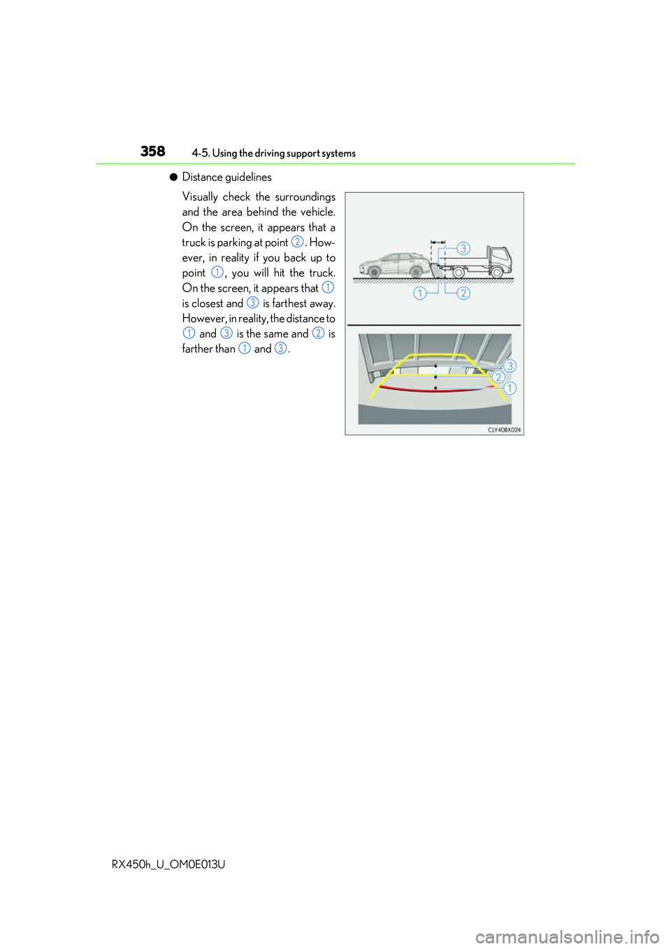 LEXUS RX450H 2016 Owners Manual 3584-5. Using the driving support systems
RX450h_U_OM0E013U
●Distance guidelines
Visually check the surroundings
and the area behind the vehicle.
On the screen, it appears that a
truck is parking at LEXUS RX450H 2016 Owners Manual 3584-5. Using the driving support systems
RX450h_U_OM0E013U
●Distance guidelines
Visually check the surroundings
and the area behind the vehicle.
On the screen, it appears that a
truck is parking at