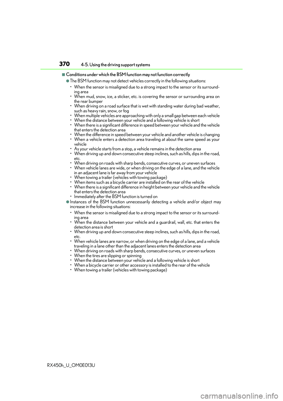 LEXUS RX450H 2016 Repair Manual 3704-5. Using the driving support systems
RX450h_U_OM0E013U
■Conditions under which the BSM function may not function correctly
●The BSM function may not detect vehicles correctly in the following LEXUS RX450H 2016 Repair Manual 3704-5. Using the driving support systems
RX450h_U_OM0E013U
■Conditions under which the BSM function may not function correctly
●The BSM function may not detect vehicles correctly in the following