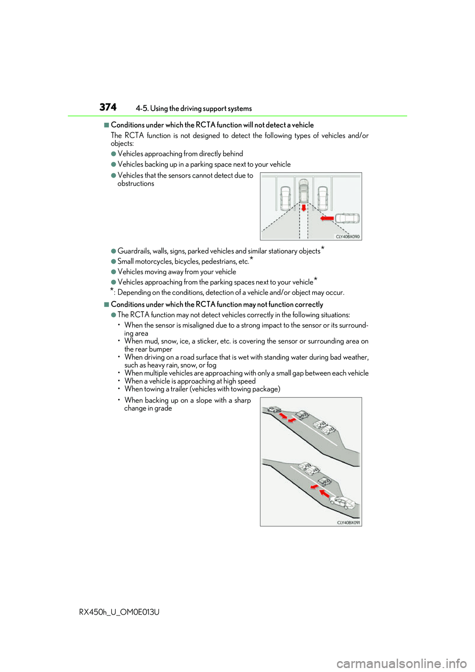 LEXUS RX450H 2016 Repair Manual 3744-5. Using the driving support systems
RX450h_U_OM0E013U
■Conditions under which the RCTA fu nction will not detect a vehicle
The RCTA function is not designed to detect the following types of ve LEXUS RX450H 2016 Repair Manual 3744-5. Using the driving support systems
RX450h_U_OM0E013U
■Conditions under which the RCTA fu nction will not detect a vehicle
The RCTA function is not designed to detect the following types of ve