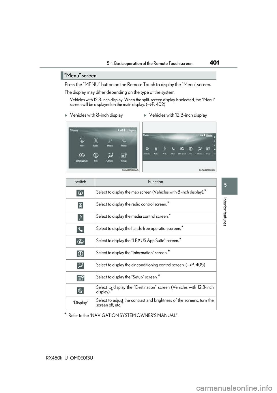 LEXUS RX450H 2016 Owners Manual 4015-1. Basic operation of the Remote Touch screen
5
Interior features
RX450h_U_OM0E013U
Press the “MENU” button on the Remote Touch to display the “Menu” screen.
The display may differ depend LEXUS RX450H 2016 Owners Manual 4015-1. Basic operation of the Remote Touch screen
5
Interior features
RX450h_U_OM0E013U
Press the “MENU” button on the Remote Touch to display the “Menu” screen.
The display may differ depend