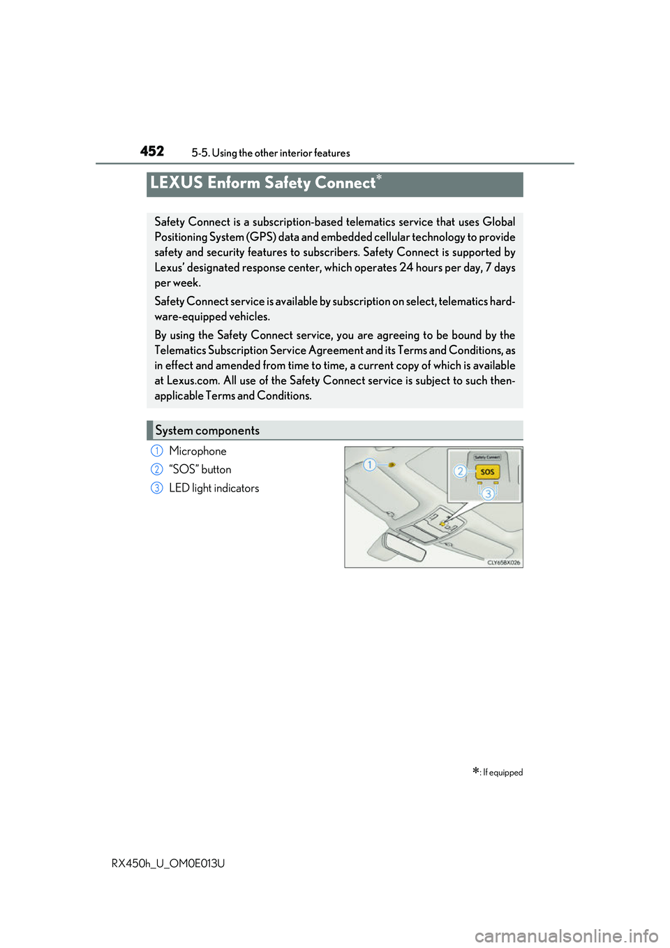 LEXUS RX450H 2016 Owners Manual 4525-5. Using the other interior features
RX450h_U_OM0E013U
Microphone
“SOS” button
LED light indicators
LEXUS Enform Safety Connect
: If equipped
Safety Connect is a subscription-based tele LEXUS RX450H 2016 Owners Manual 4525-5. Using the other interior features
RX450h_U_OM0E013U
Microphone
“SOS” button
LED light indicators
LEXUS Enform Safety Connect
: If equipped
Safety Connect is a subscription-based tele
