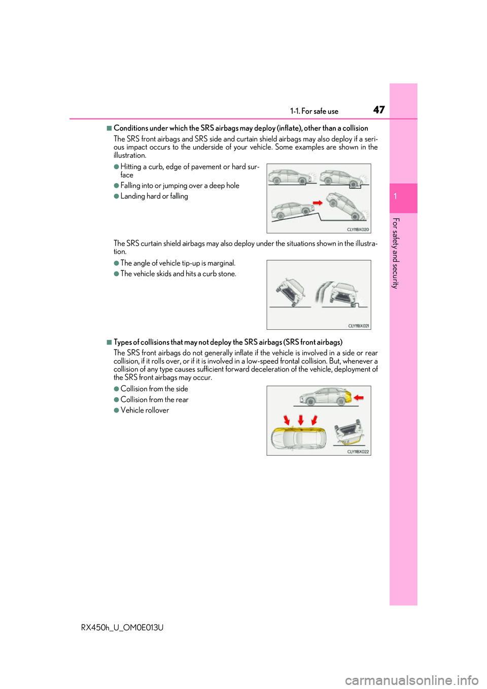 LEXUS RX450H 2016 Service Manual 471-1. For safe use
1
For safety and security
RX450h_U_OM0E013U
■Conditions under which the SRS airbags may deploy (inflate), other than a collision
The SRS front airbags and SRS si de and curtain s