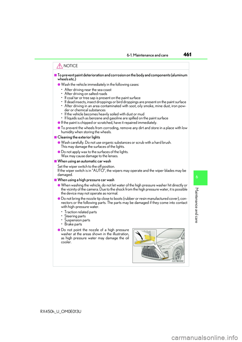 LEXUS RX450H 2016 Owners Guide 4616-1. Maintenance and care
6
Maintenance and care
RX450h_U_OM0E013U
NOTICE
■To prevent paint deterioration and corrosion on the body and components (aluminum
wheels etc.)
●Wash the vehicle immed