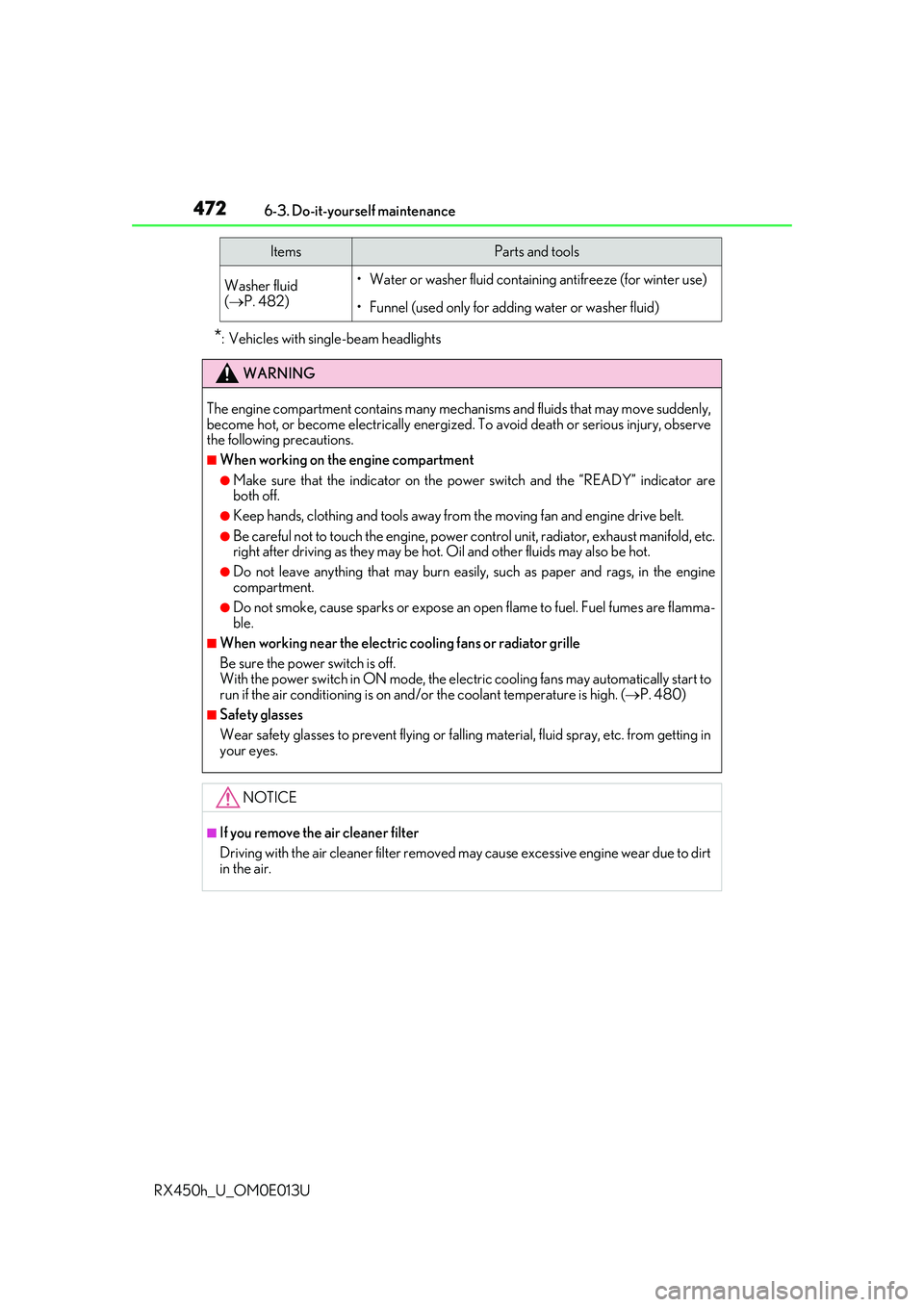 LEXUS RX450H 2016  Owners Manual 4726-3. Do-it-yourself maintenance
RX450h_U_OM0E013U
*: Vehicles with single-beam headlights
Washer fluid
(  P. 482)• Water or washer fluid containing antifreeze (for winter use)
• Funnel (used