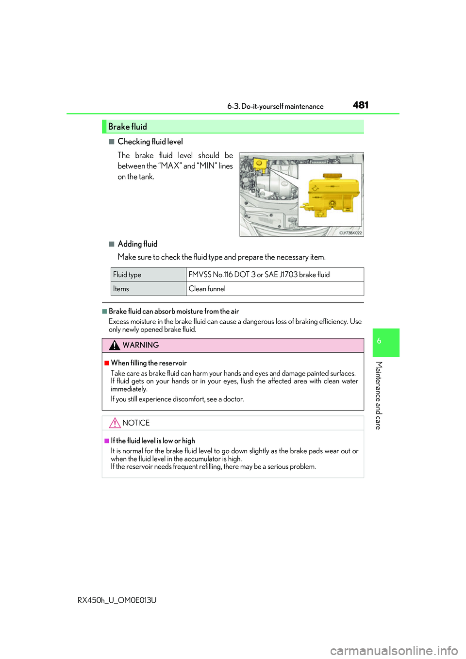 LEXUS RX450H 2016 Owners Manual 4816-3. Do-it-yourself maintenance
6
Maintenance and care
RX450h_U_OM0E013U
■Checking fluid level
The brake fluid level should be
between the “MAX” and “MIN” lines
on the tank.
■Adding flu LEXUS RX450H 2016 Owners Manual 4816-3. Do-it-yourself maintenance
6
Maintenance and care
RX450h_U_OM0E013U
■Checking fluid level
The brake fluid level should be
between the “MAX” and “MIN” lines
on the tank.
■Adding flu