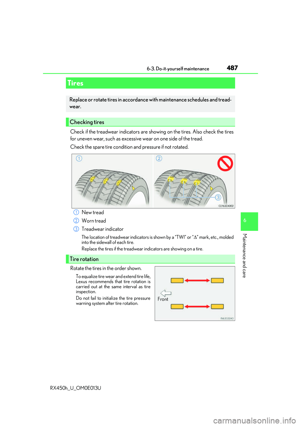 LEXUS RX450H 2016 Owners Manual 4876-3. Do-it-yourself maintenance
6
Maintenance and care
RX450h_U_OM0E013U
Check if the treadwear indicators are showing on the tires. Also check the tires
for uneven wear, such as excessive wear on LEXUS RX450H 2016 Owners Manual 4876-3. Do-it-yourself maintenance
6
Maintenance and care
RX450h_U_OM0E013U
Check if the treadwear indicators are showing on the tires. Also check the tires
for uneven wear, such as excessive wear on