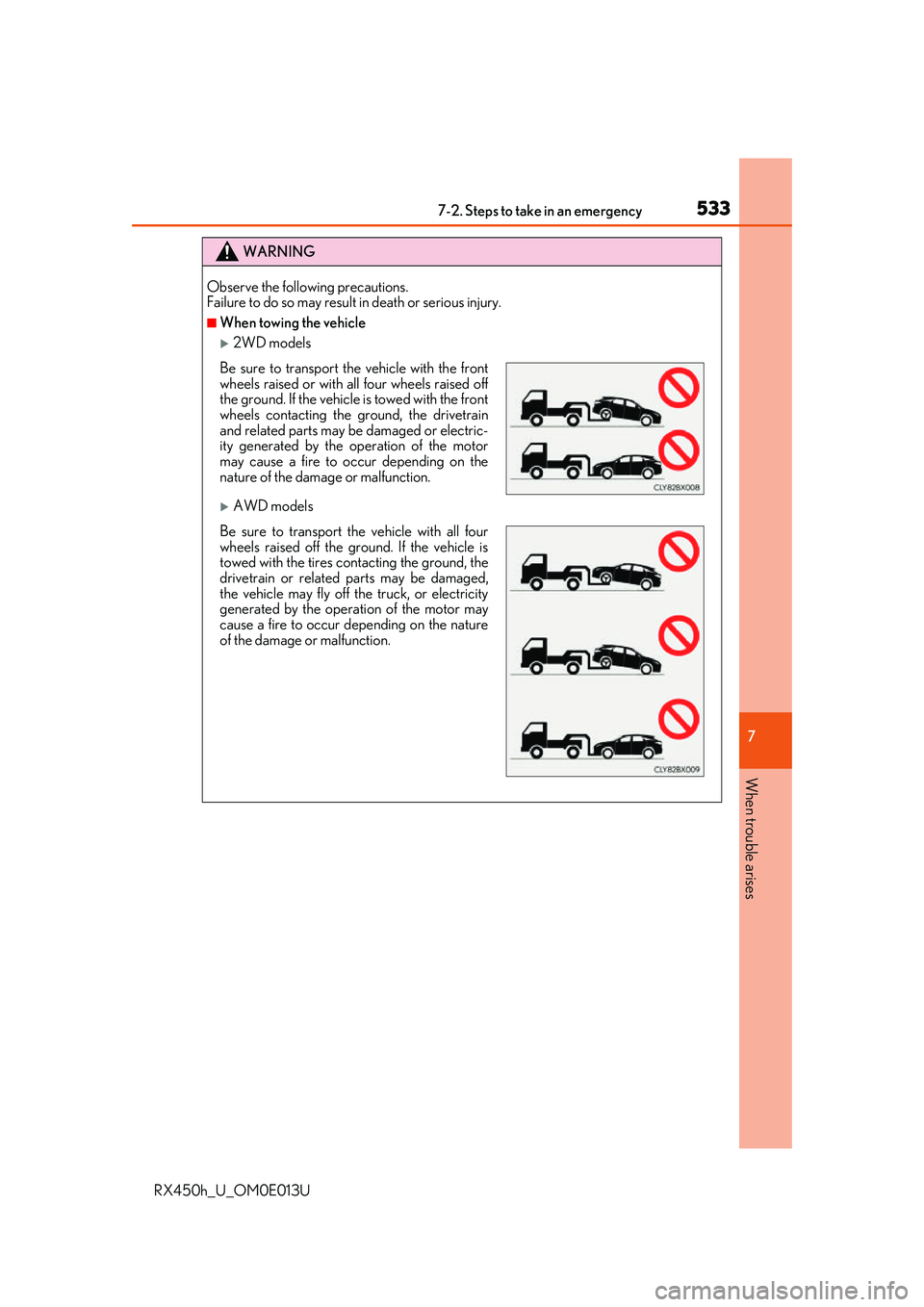 LEXUS RX450H 2016 Owners Manual 5337-2. Steps to take in an emergency
7
When trouble arises
RX450h_U_OM0E013U
WARNING
Observe the following precautions.
Failure to do so may result in death or serious injury.
■When towing the vehi LEXUS RX450H 2016 Owners Manual 5337-2. Steps to take in an emergency
7
When trouble arises
RX450h_U_OM0E013U
WARNING
Observe the following precautions.
Failure to do so may result in death or serious injury.
■When towing the vehi