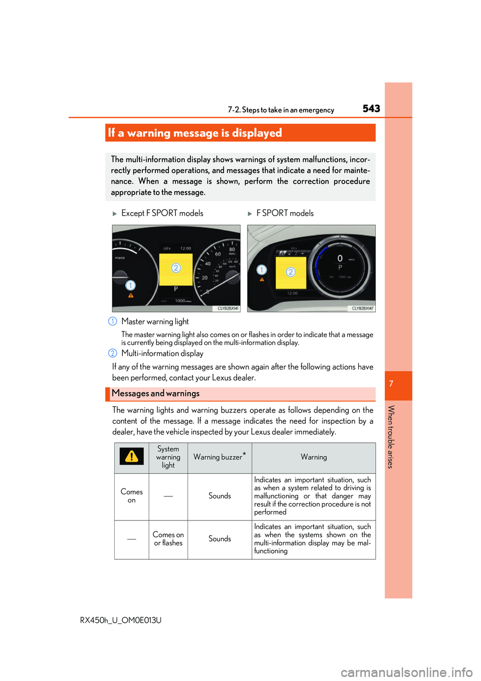 LEXUS RX450H 2016 Owners Manual 5437-2. Steps to take in an emergency
7
When trouble arises
RX450h_U_OM0E013U
The warning lights and warning buzzers operate as follows depending on the
content of the message. If a message indicates LEXUS RX450H 2016 Owners Manual 5437-2. Steps to take in an emergency
7
When trouble arises
RX450h_U_OM0E013U
The warning lights and warning buzzers operate as follows depending on the
content of the message. If a message indicates