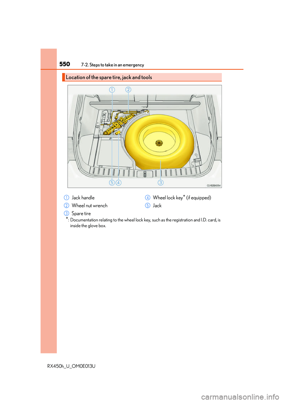 LEXUS RX450H 2016 Owners Manual 5507-2. Steps to take in an emergency
RX450h_U_OM0E013U
*: Documentation relating to the wheel lock key, such as the registration and I.D. card, is
inside the glove box.
Location of the spare tire, ja LEXUS RX450H 2016 Owners Manual 5507-2. Steps to take in an emergency
RX450h_U_OM0E013U
*: Documentation relating to the wheel lock key, such as the registration and I.D. card, is
inside the glove box.
Location of the spare tire, ja