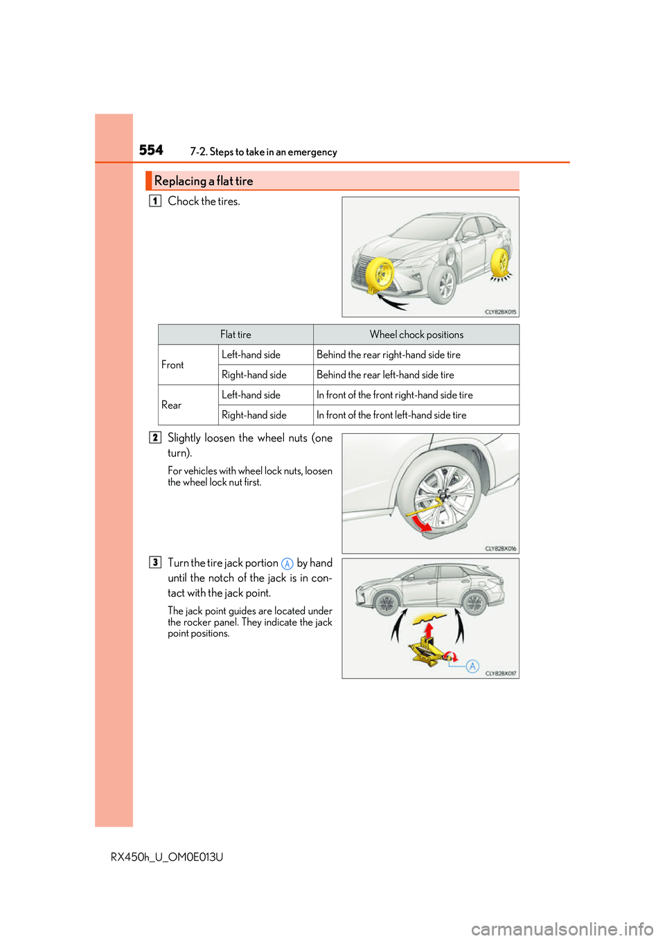LEXUS RX450H 2016 Owners Manual 5547-2. Steps to take in an emergency
RX450h_U_OM0E013U
Chock the tires.
Slightly loosen the wheel nuts (one
turn).
For vehicles with wheel lock nuts, loosen
the wheel lock nut first.
Turn the tire ja LEXUS RX450H 2016 Owners Manual 5547-2. Steps to take in an emergency
RX450h_U_OM0E013U
Chock the tires.
Slightly loosen the wheel nuts (one
turn).
For vehicles with wheel lock nuts, loosen
the wheel lock nut first.
Turn the tire ja