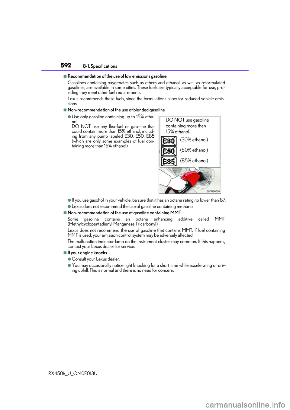 LEXUS RX450H 2016 Owners Manual 5928-1. Specifications
RX450h_U_OM0E013U
■Recommendation of the use of low emissions gasoline
Gasolines containing oxygenates such as et hers and ethanol, as well as reformulated
gasolines, are avai LEXUS RX450H 2016 Owners Manual 5928-1. Specifications
RX450h_U_OM0E013U
■Recommendation of the use of low emissions gasoline
Gasolines containing oxygenates such as et hers and ethanol, as well as reformulated
gasolines, are avai