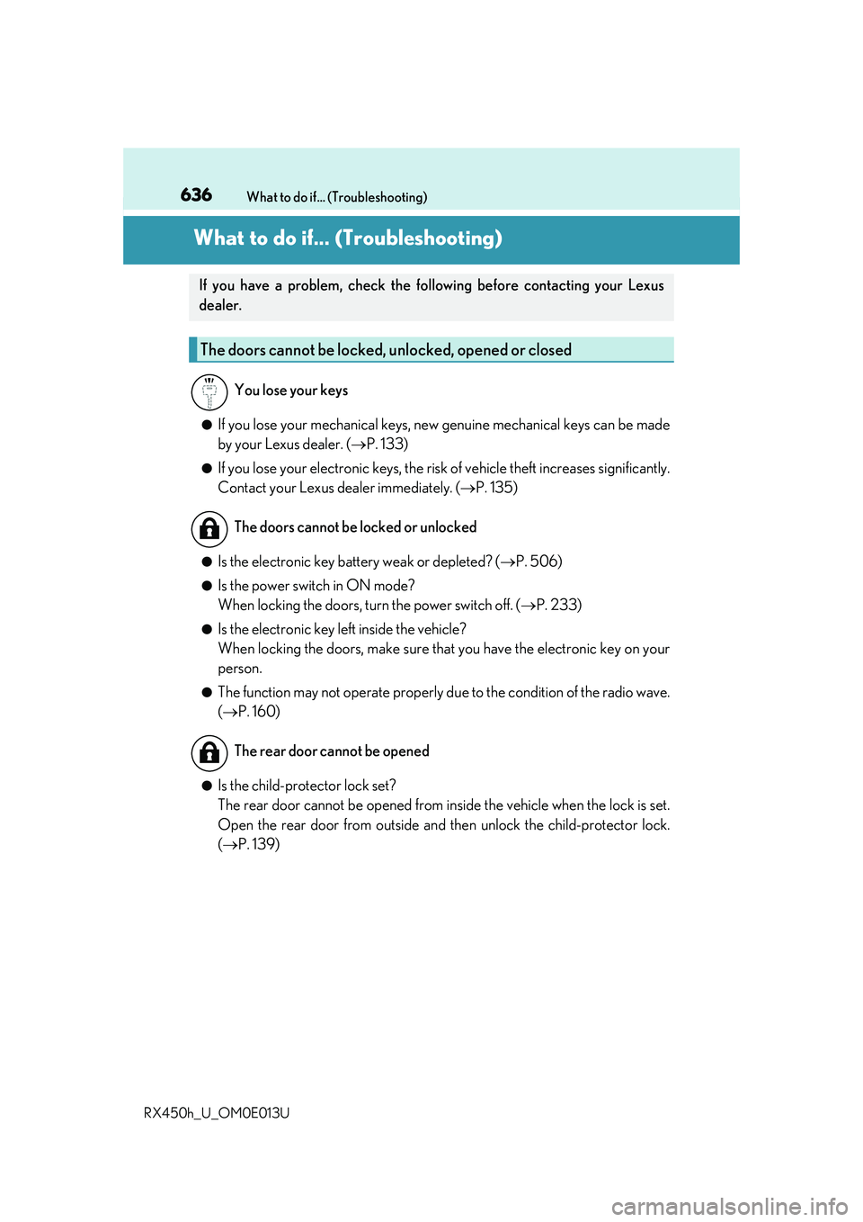 LEXUS RX450H 2016 Owners Manual 636
RX450h_U_OM0E013UWhat to do if... (Troubleshooting)
What to do if... (Troubleshooting)
●If you lose your mechanical keys, ne
w genuine mechanical keys can be made
by your Lexus dealer. ( P. 1 LEXUS RX450H 2016 Owners Manual 636
RX450h_U_OM0E013UWhat to do if... (Troubleshooting)
What to do if... (Troubleshooting)
●If you lose your mechanical keys, ne
w genuine mechanical keys can be made
by your Lexus dealer. ( P. 1