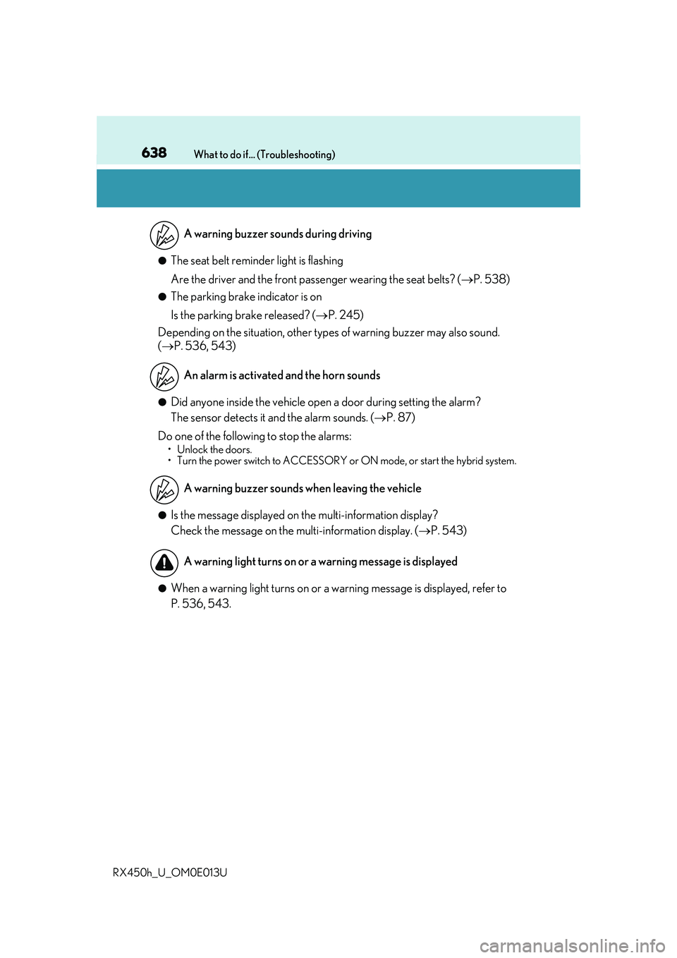 LEXUS RX450H 2016 Manual PDF 638What to do if... (Troubleshooting)
RX450h_U_OM0E013U
●The seat belt reminder light is flashing
Are the driver and the front passe nger wearing the seat belts? (P. 538)
●The parking brake ind