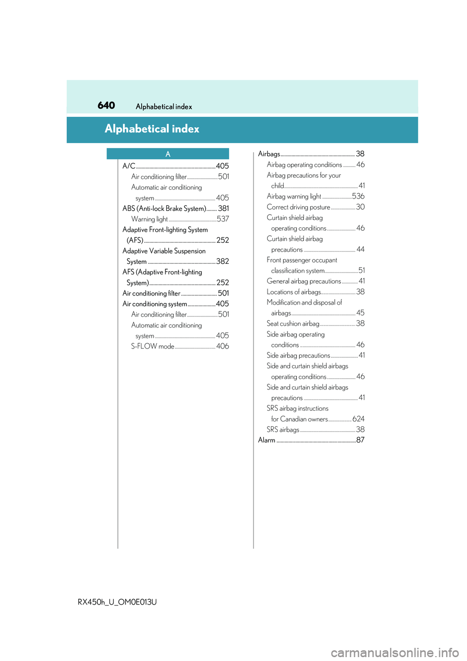 LEXUS RX450H 2016  Owners Manual 640
RX450h_U_OM0E013UAlphabetical index
Alphabetical index
A/C ............................................................ 405
Air conditioning filter......................... 501
Automatic air condi