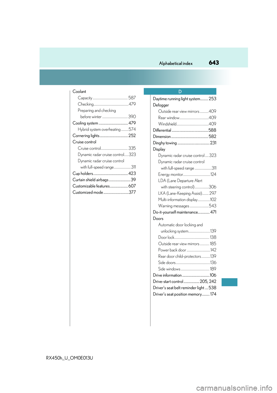 LEXUS RX450H 2016  Owners Manual 643Alphabetical index
RX450h_U_OM0E013U
CoolantCapacity ................................................ 587
Checking................................................ 479
Preparing and checking before 