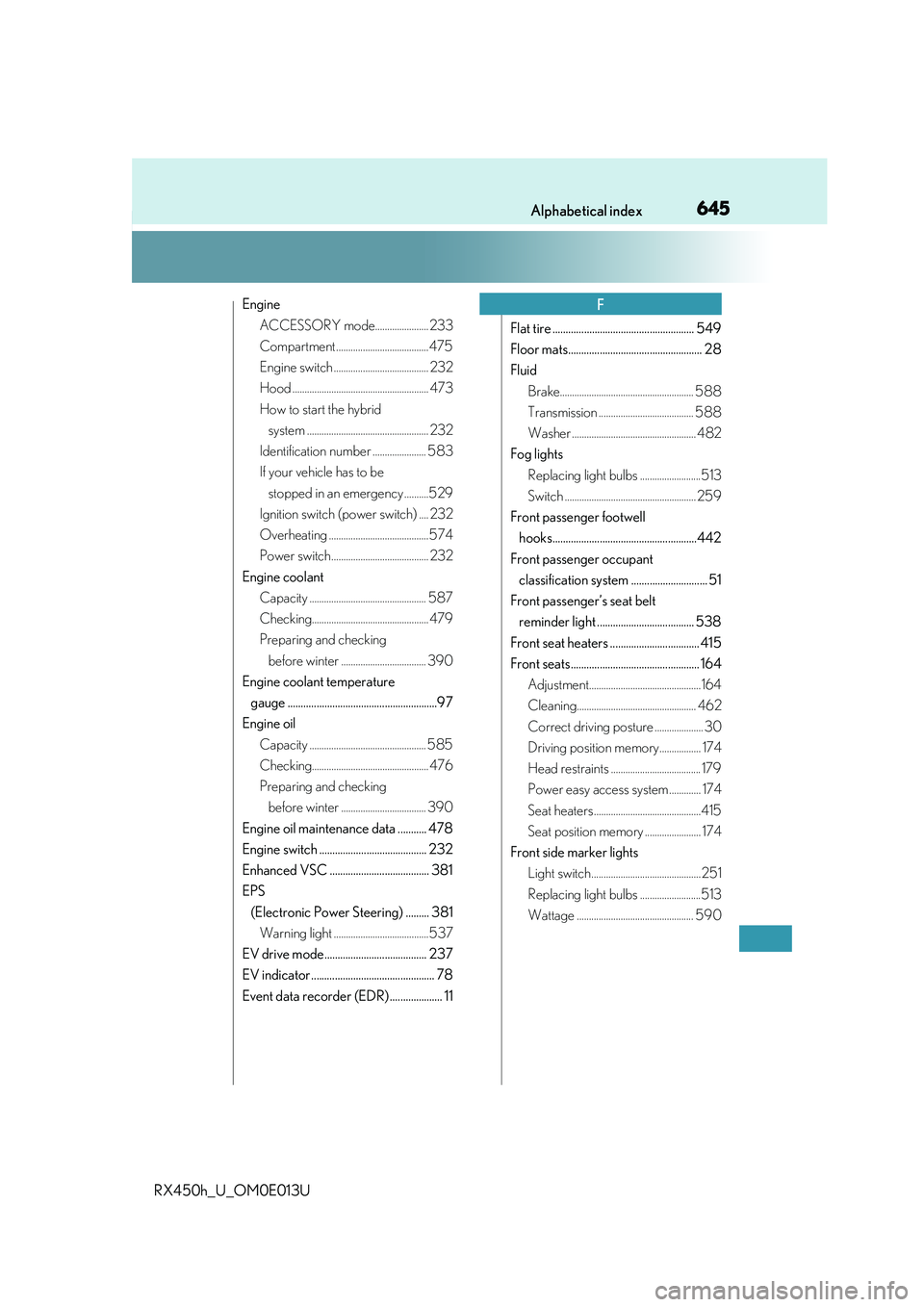 LEXUS RX450H 2016  Owners Manual 645Alphabetical index
RX450h_U_OM0E013U
EngineACCESSORY mode...................... 233
Compartment......................................475
Engine switch ....................................... 232
Ho