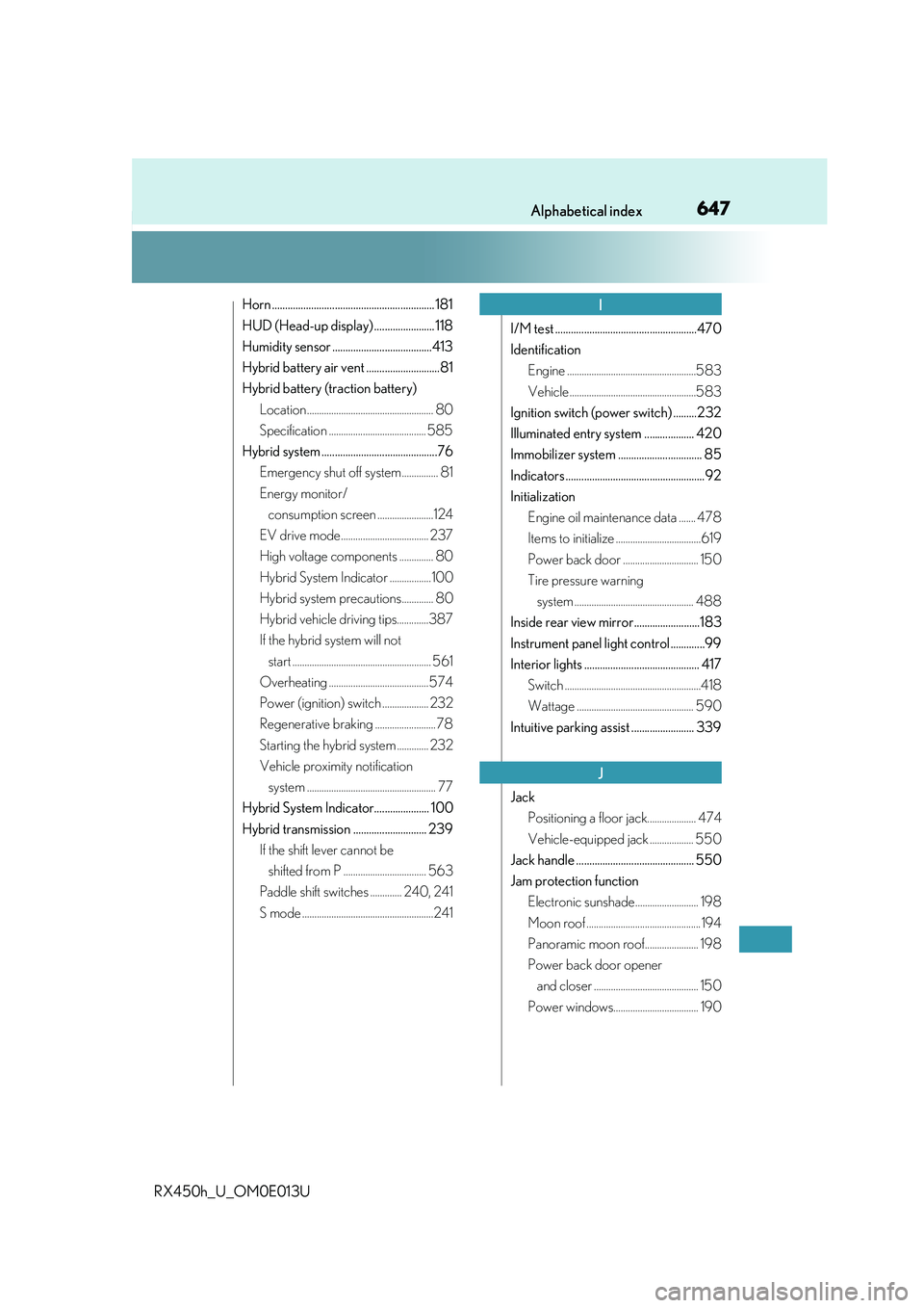 LEXUS RX450H 2016  Owners Manual 647Alphabetical index
RX450h_U_OM0E013U
Horn .............................................................. 181
HUD (Head-up display) ....................... 118
Humidity sensor ......................