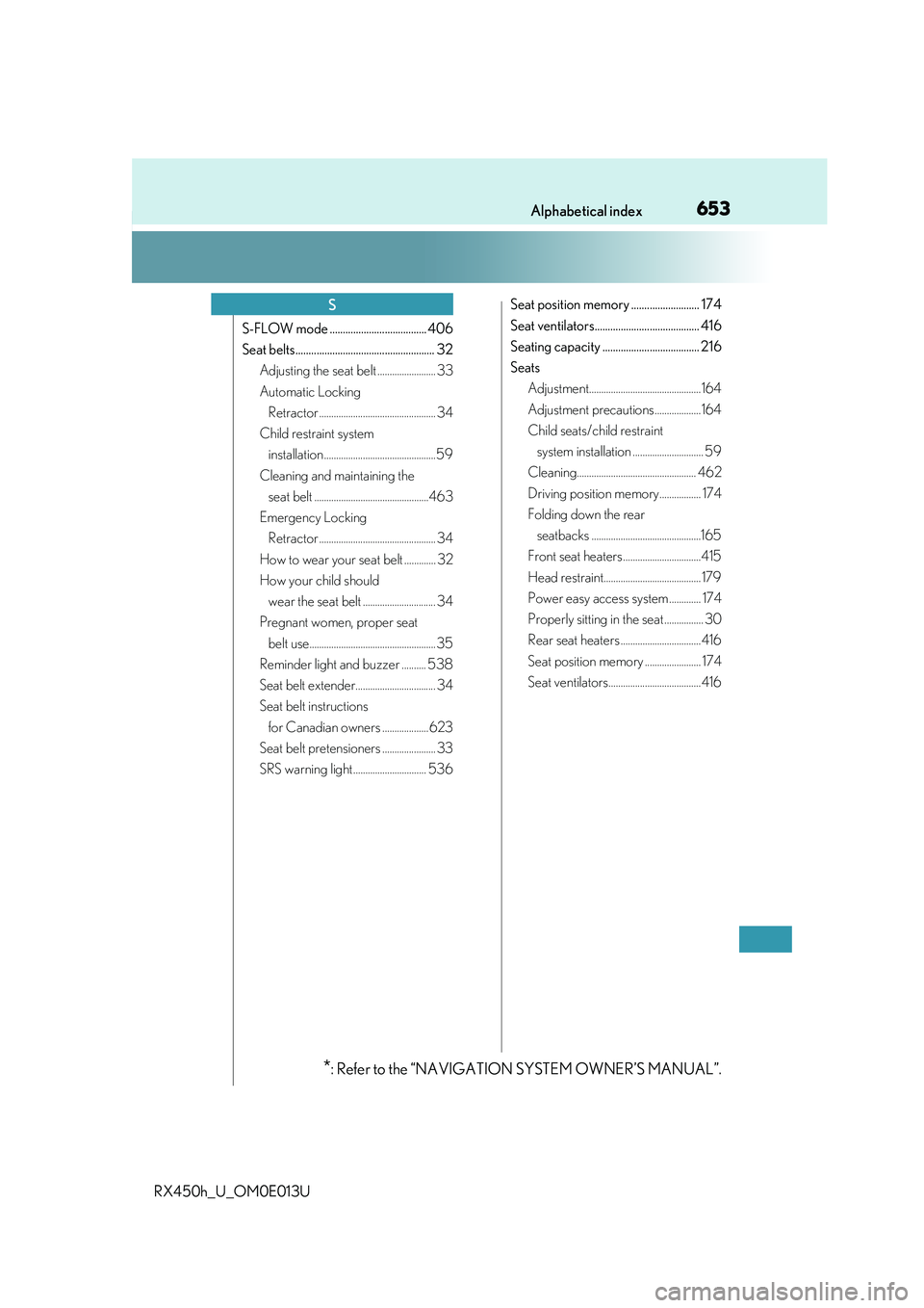 LEXUS RX450H 2016  Owners Manual 653Alphabetical index
RX450h_U_OM0E013U
S-FLOW mode ..................................... 406
Seat belts..................................................... 32Adjusting the seat belt ................