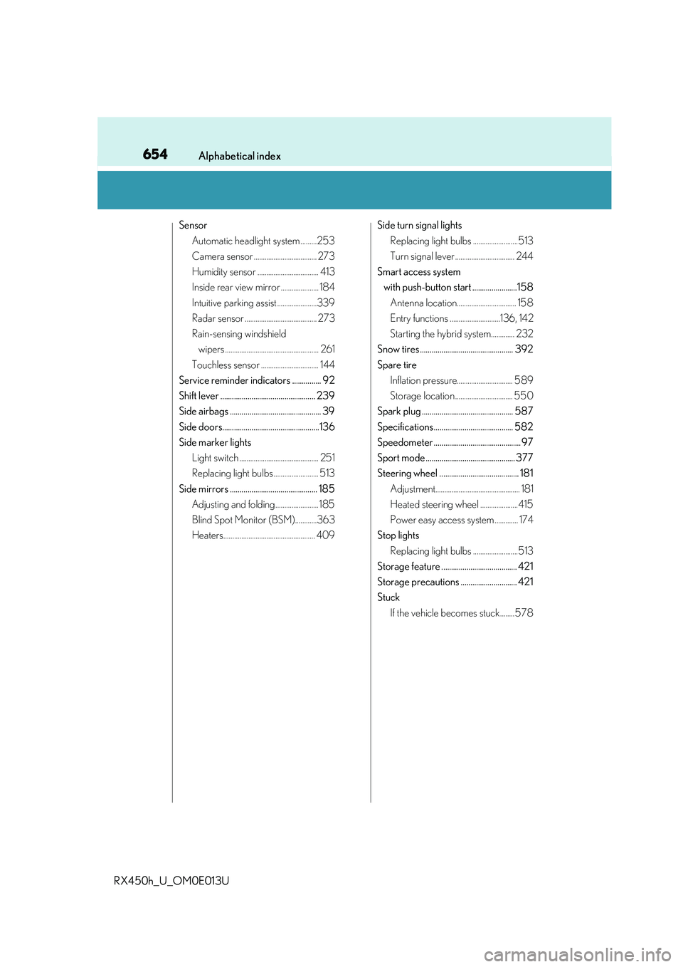 LEXUS RX450H 2016  Owners Manual 654Alphabetical index
RX450h_U_OM0E013U
SensorAutomatic headlight system .........253
Camera sensor ................................... 273
Humidity sensor .................................. 413
Insid