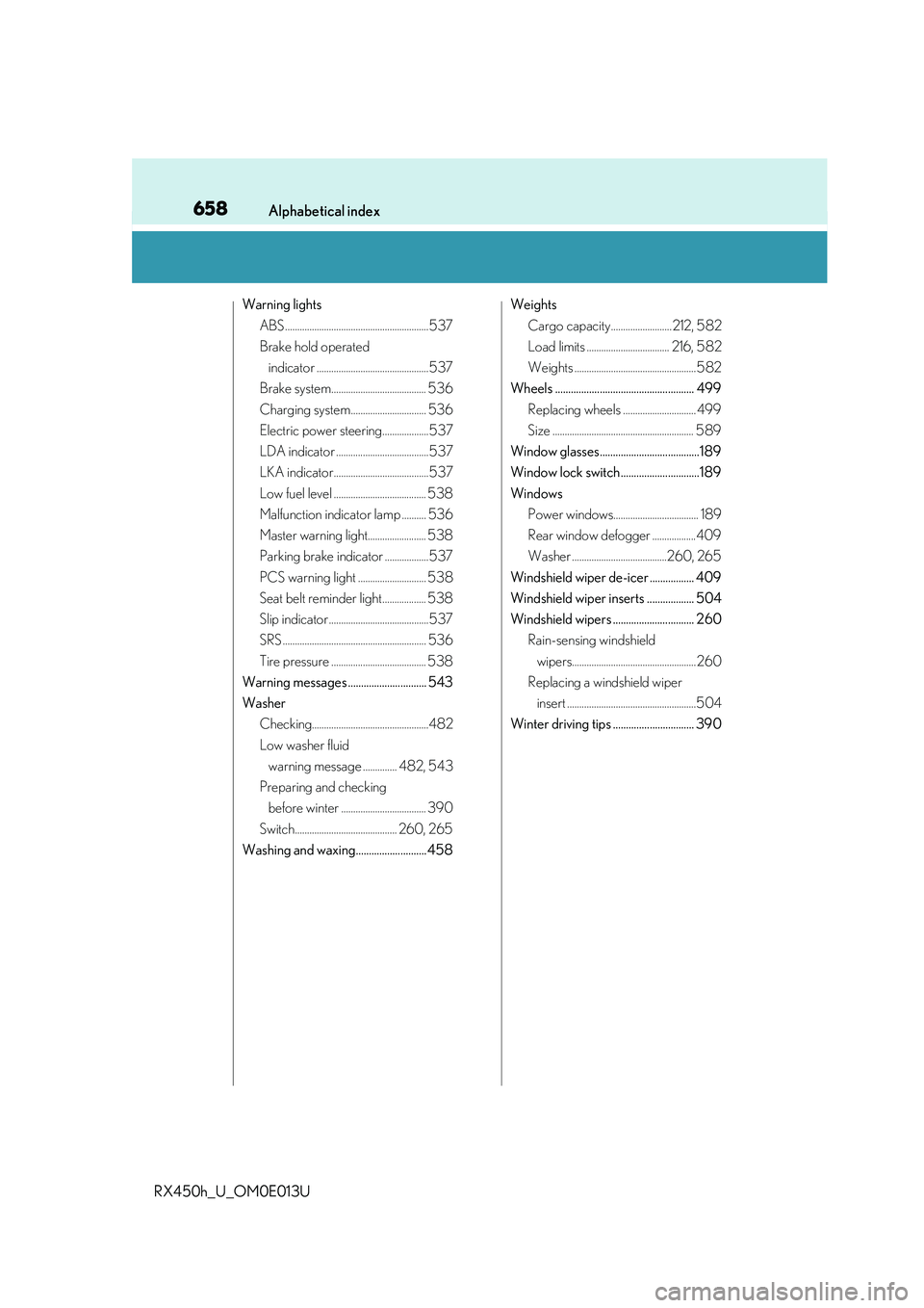 LEXUS RX450H 2016  Owners Manual 658Alphabetical index
RX450h_U_OM0E013U
Warning lightsABS...........................................................537
Brake hold operated indicator ..............................................537

