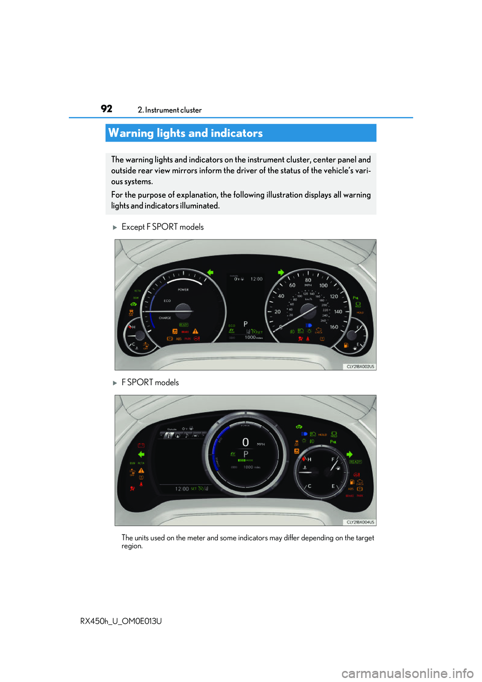 LEXUS RX450H 2016 Owners Manual 92
RX450h_U_OM0E013U2. Instrument cluster
Except F SPORT models
F SPORT models
The units used on the meter and some indicators may differ depending on the target
region.
Warning lights and indic LEXUS RX450H 2016 Owners Manual 92
RX450h_U_OM0E013U2. Instrument cluster
Except F SPORT models
F SPORT models
The units used on the meter and some indicators may differ depending on the target
region.
Warning lights and indic