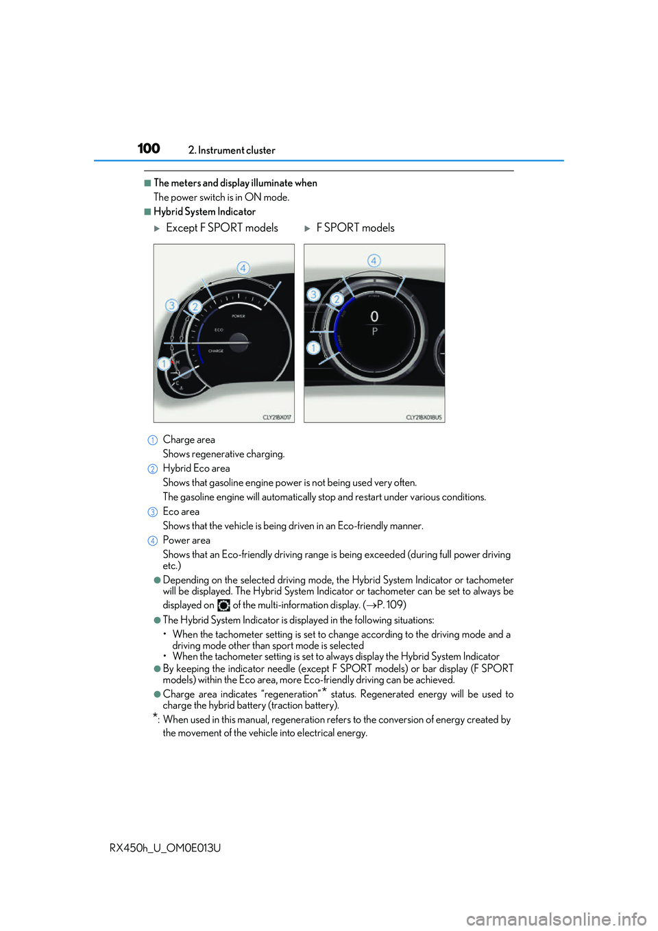 LEXUS RX450H 2016 Owners Manual 1002. Instrument cluster
RX450h_U_OM0E013U
■The meters and display illuminate when
The power switch is in ON mode.
■Hybrid System Indicator Charge area
Shows regenerative charging.
Hybrid Eco area LEXUS RX450H 2016 Owners Manual 1002. Instrument cluster
RX450h_U_OM0E013U
■The meters and display illuminate when
The power switch is in ON mode.
■Hybrid System Indicator Charge area
Shows regenerative charging.
Hybrid Eco area