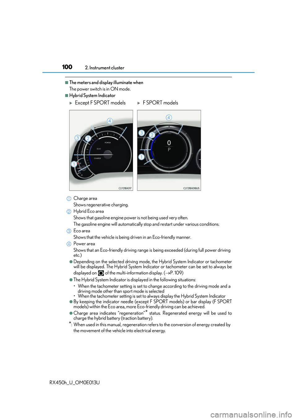 LEXUS RX450H 2016  Owners Manual 1002. Instrument cluster
RX450h_U_OM0E013U
■The meters and display illuminate when
The power switch is in ON mode.
■Hybrid System Indicator Charge area
Shows regenerative charging.
Hybrid Eco area