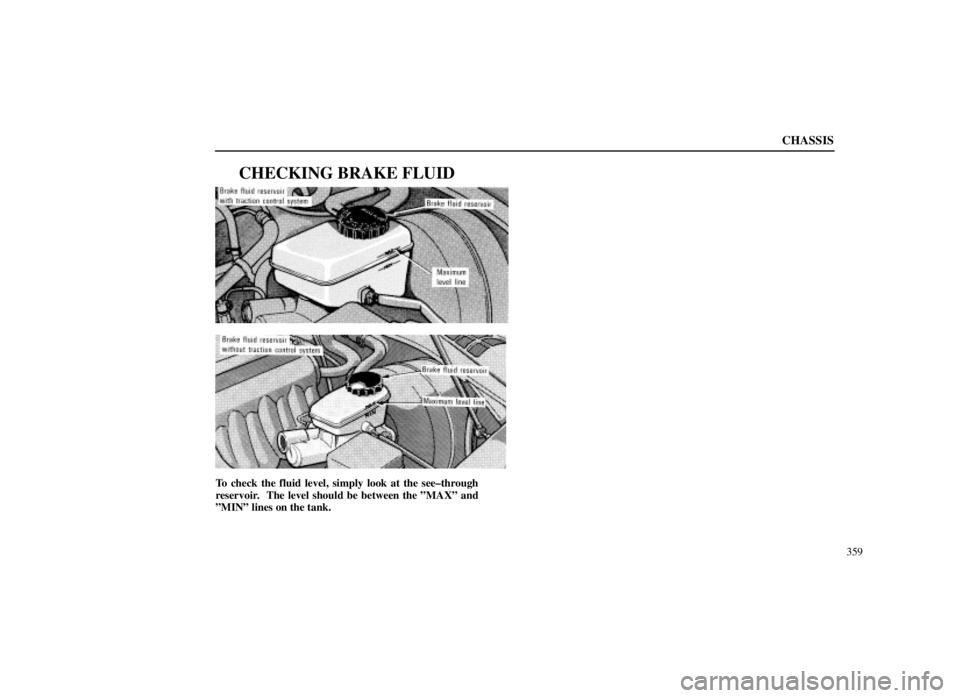 LEXUS SC300 1999  Owners Manual CHASSIS
359
CHECKING BRAKE FLUID
To check the fluid level, simply look at the see±through
reservoir.  The level should be between the ºMAXº and
ºMINº lines on the tank. 