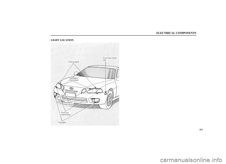 LEXUS SC300 1999  Owners Manual ELECTRICAL COMPONENTS
401
LIGHT LOCATION 